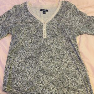 Chaps Women's Blue Paisley Henley Tee with White Trim